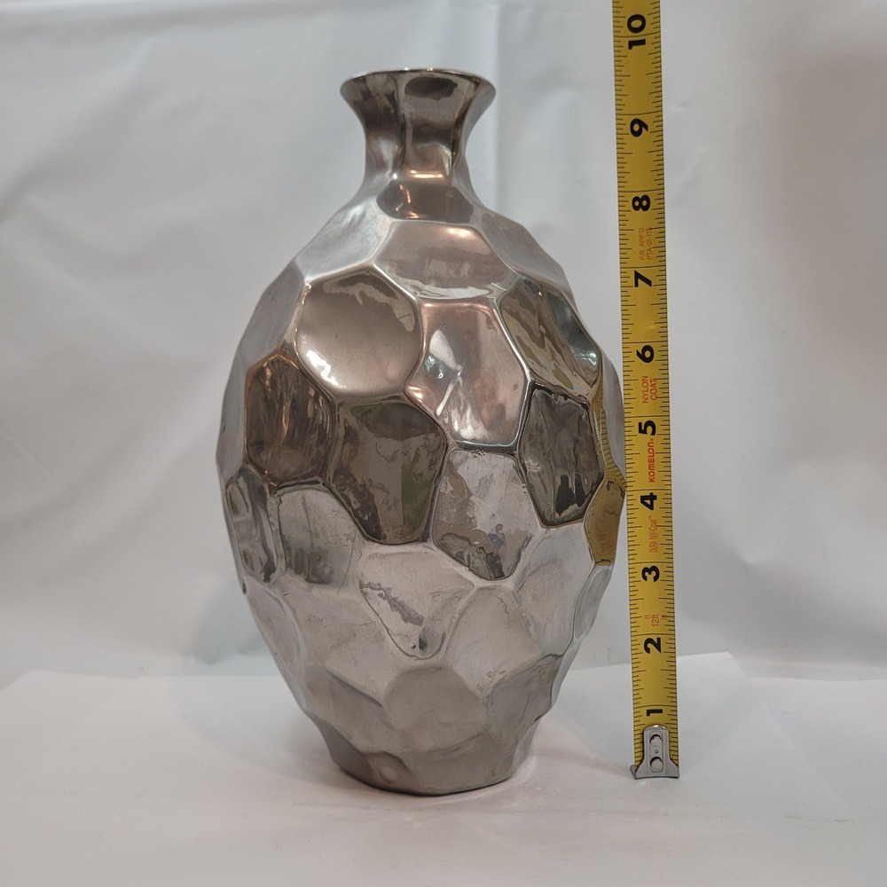 Decorative Modern Vase Silver Hammered Honeycomb Metallic Ceramic 10" x 6" inch‎
